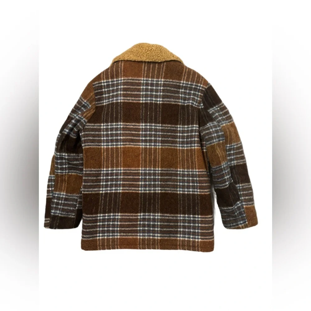 Authentic 70s Vintage JCPenney Plaid Wool Sherpa Lined Coat Jacket Brown (M) - Picture 2 of 6